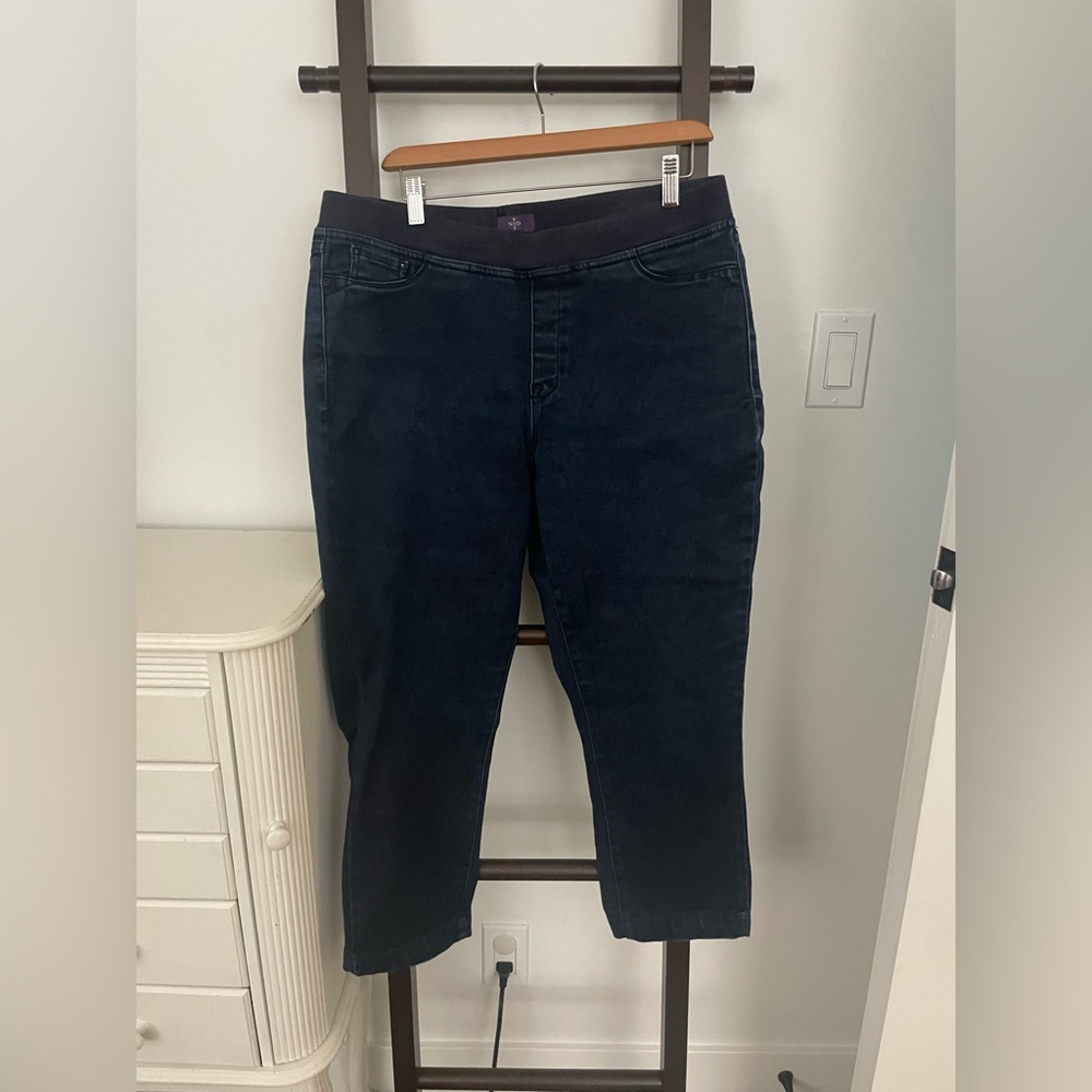NYDJ Dark Blue Straight Leg Jeans. Size 12 petite. VGUC. Comfortable pull on